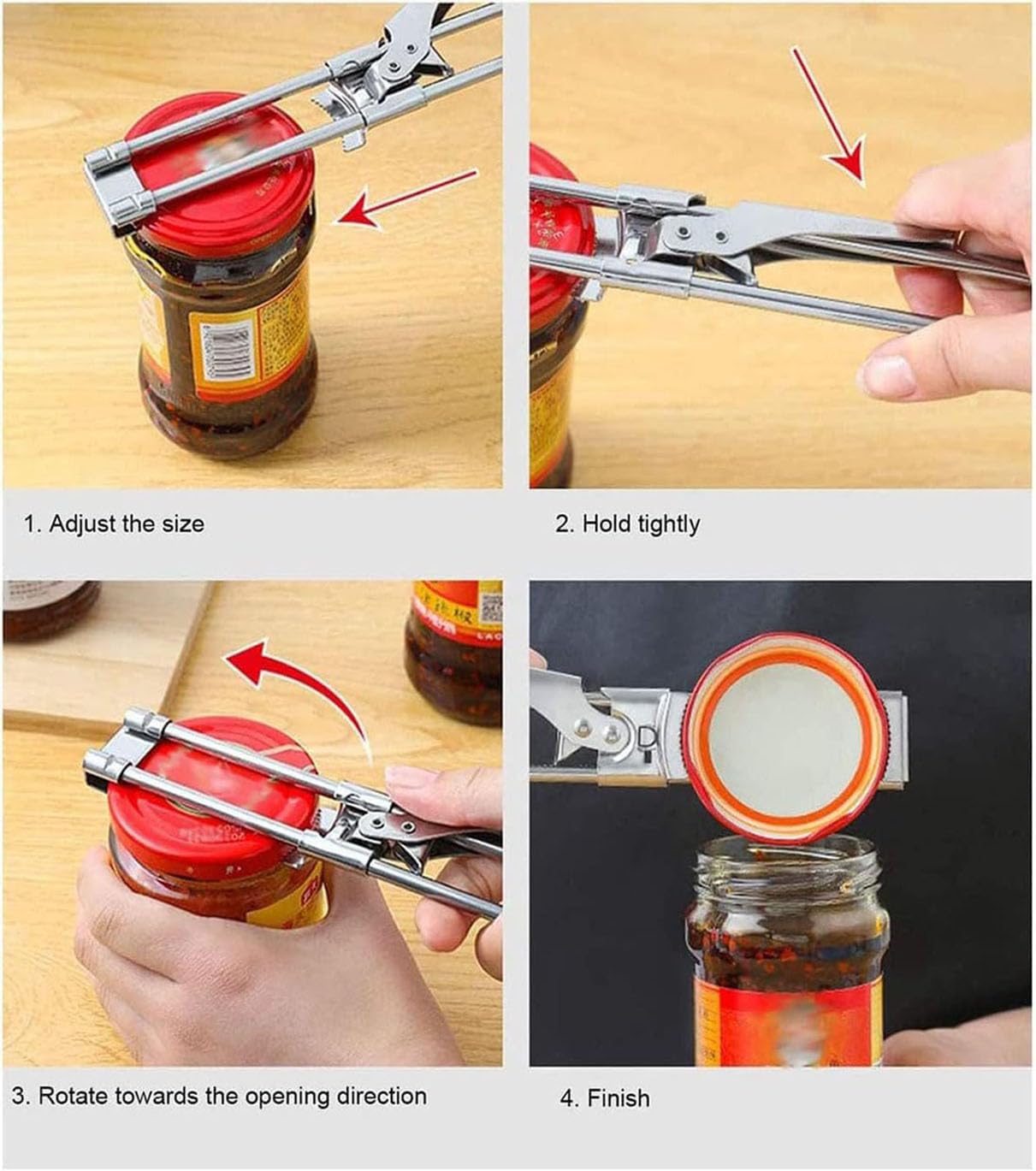 Zengxiaoyun adjustable bottle gripper demonstrates versatile size adjustment for jars and bottles.