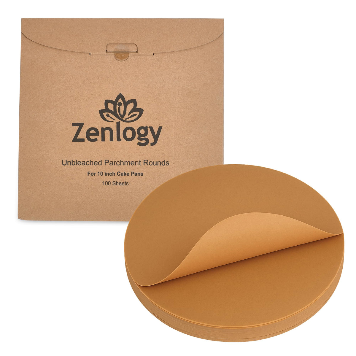Zenlogy 10 inch parchment rounds packaging shows unbleached sheets.