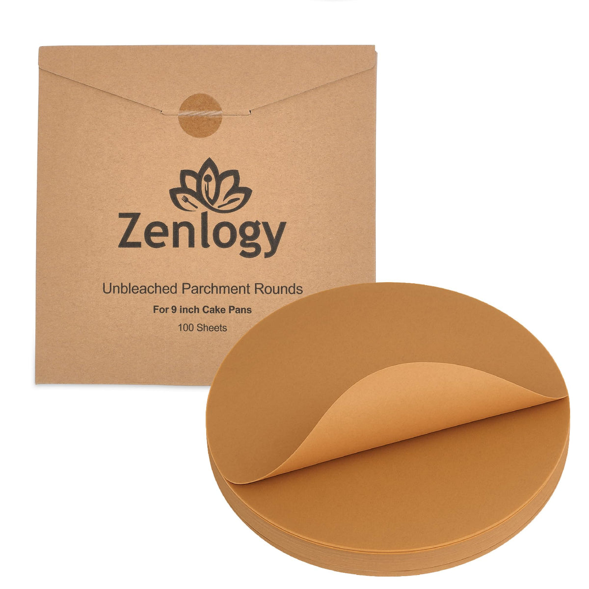 Zenlogy 9-inch round parchment sheets lining a cake pan for non-stick release