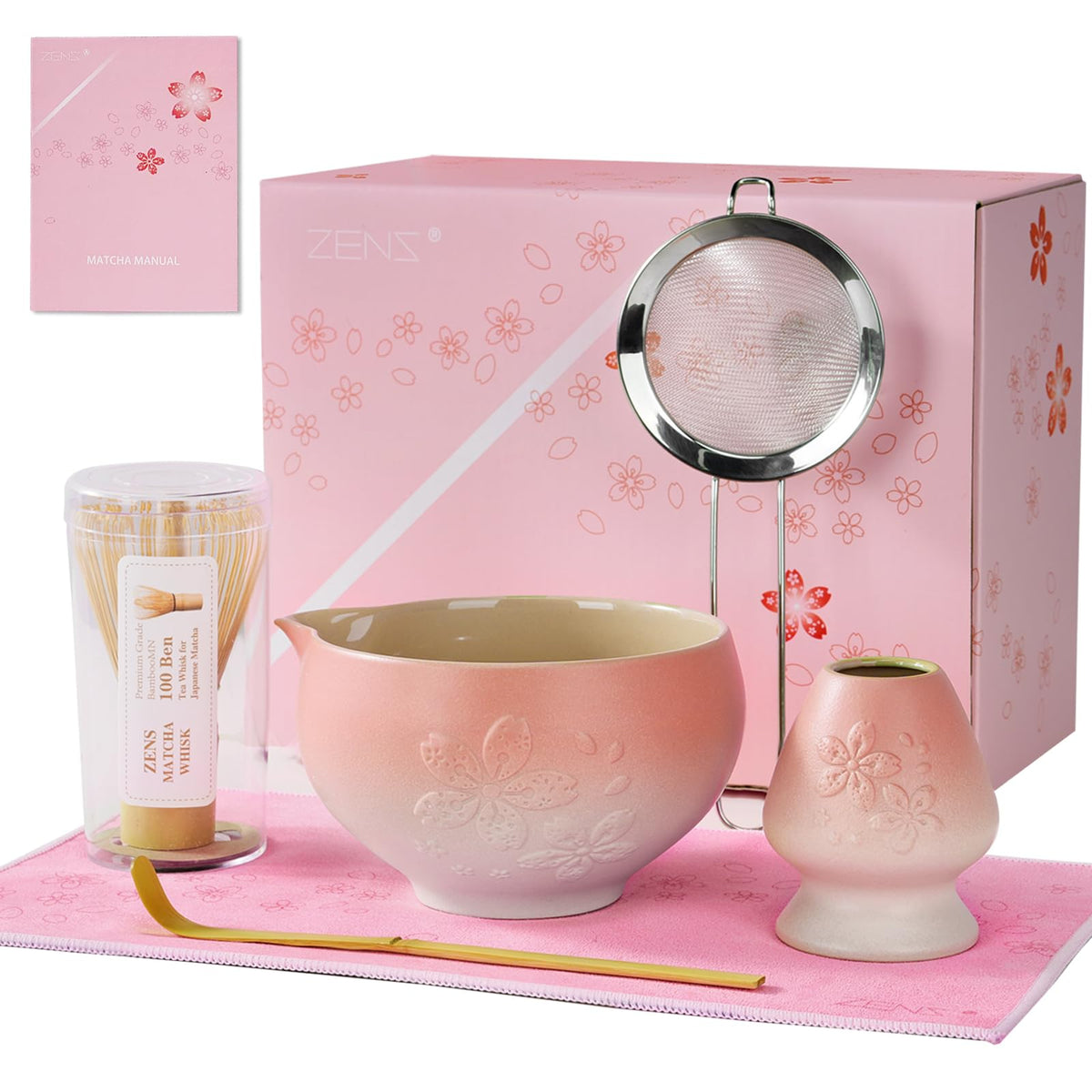 ZENS pink sakura glaze matcha bowl ready for whisking rituals and tea service