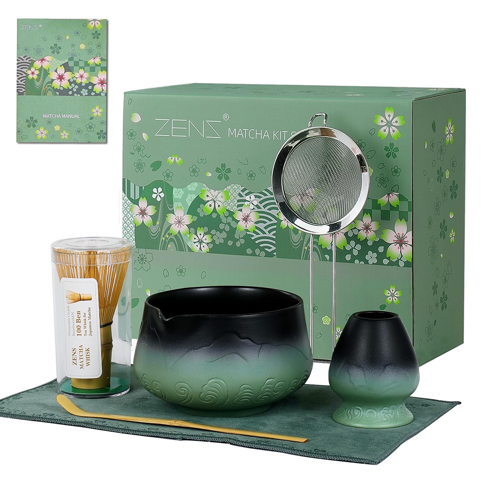 ZENS matcha kit with sage-green glaze bowl and bamboo whisk for silky foam
