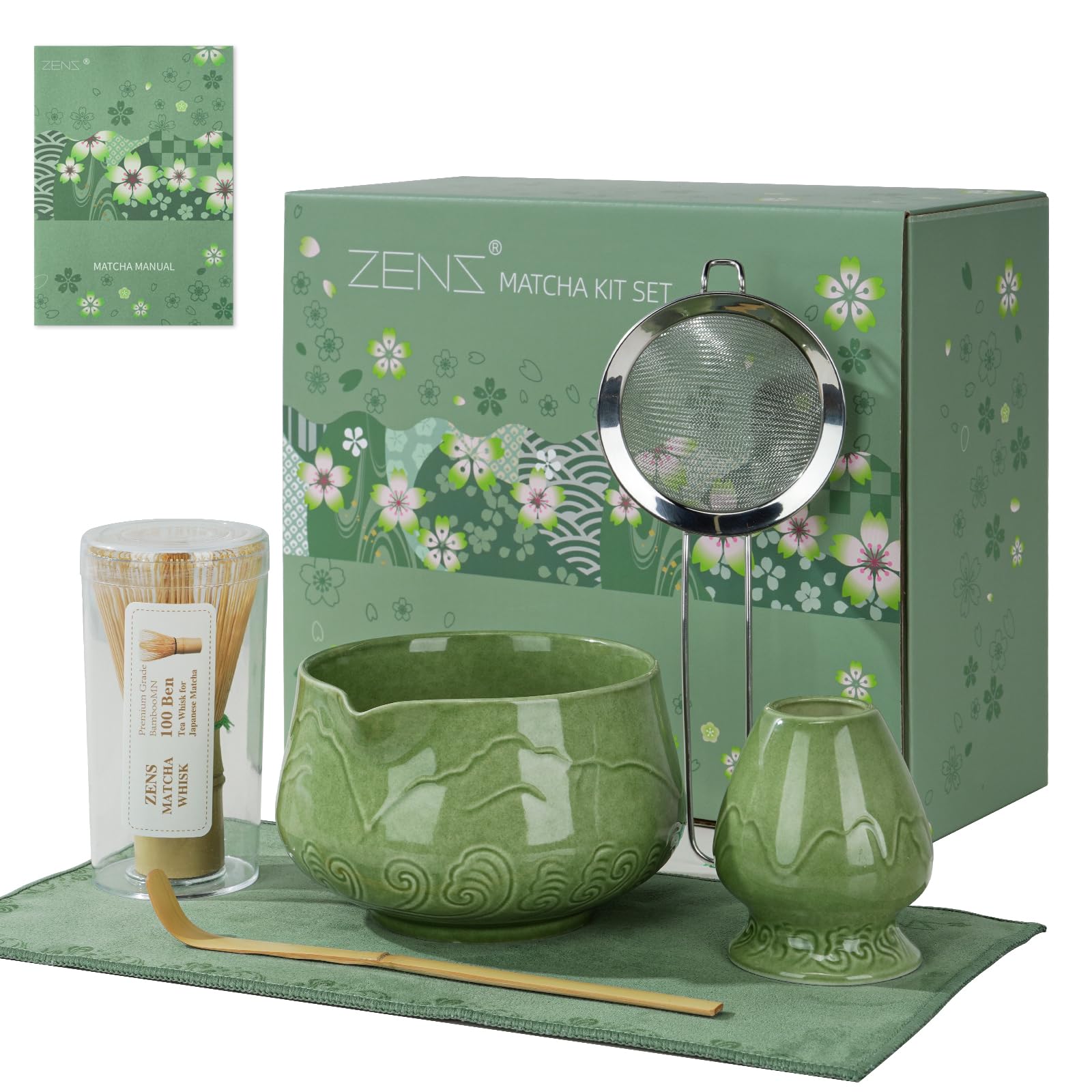 ZENS matcha whisk set with emerald-glazed bowl, ideal for a refined tea ritual