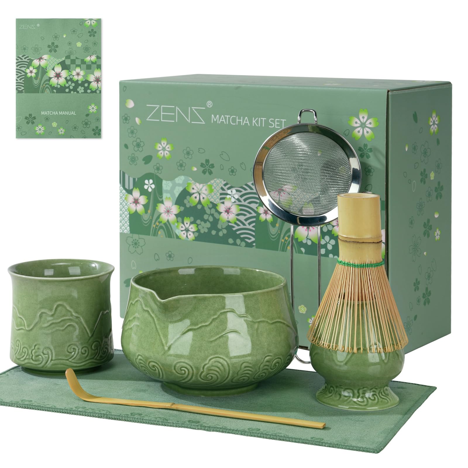ZENS emerald green bowl for whisking matcha, enhances foam and smooth texture.