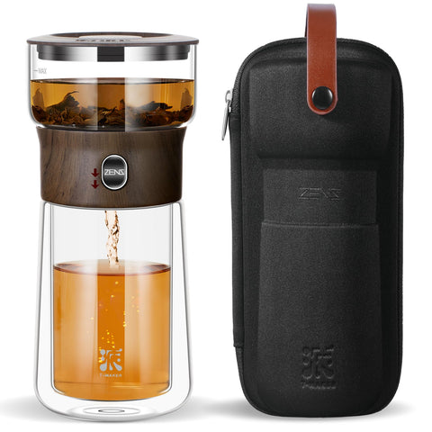 ZENS modern glass infuser teapot front view—sleek design for easy loose-leaf brewing.