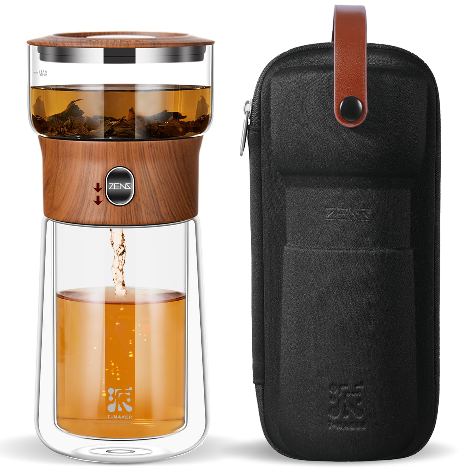 ZENS Modern Glass Infuser Teapot with one-touch brew for quick perfection.