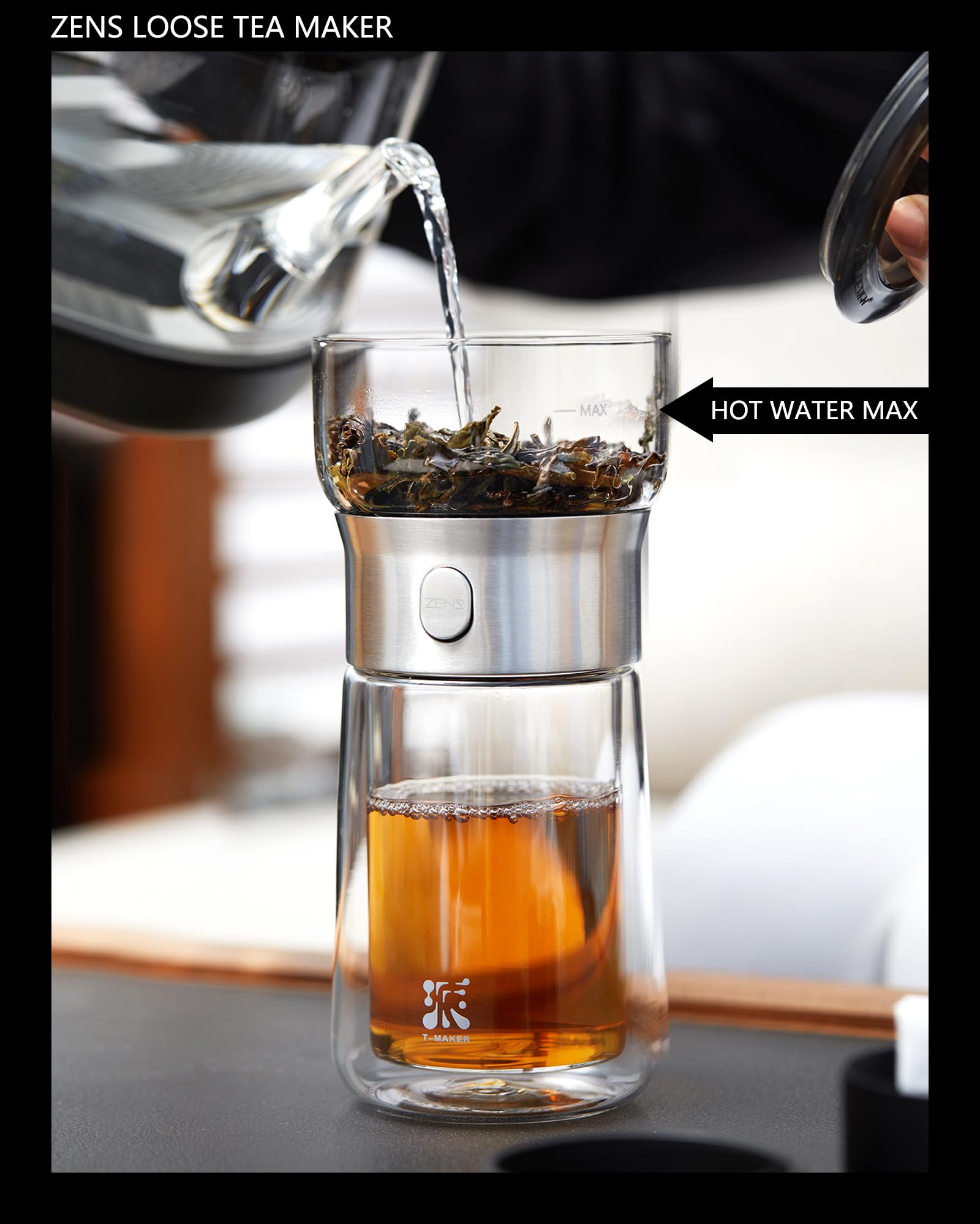ZENS glass teapot filter close-up highlights 1600 micro-hole perforations.