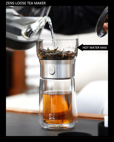 ZENS glass teapot filter close-up highlights 1600 micro-hole perforations.