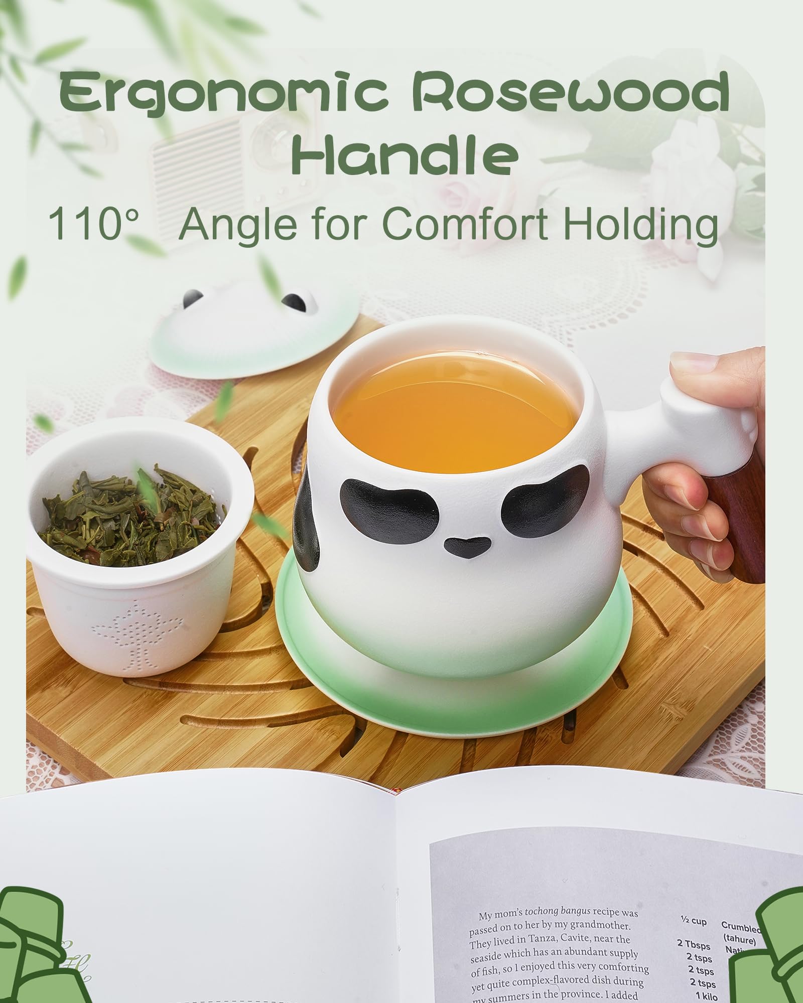 ZENS panda tea cup with wooden handle offers comfortable, heat-insulated grip
