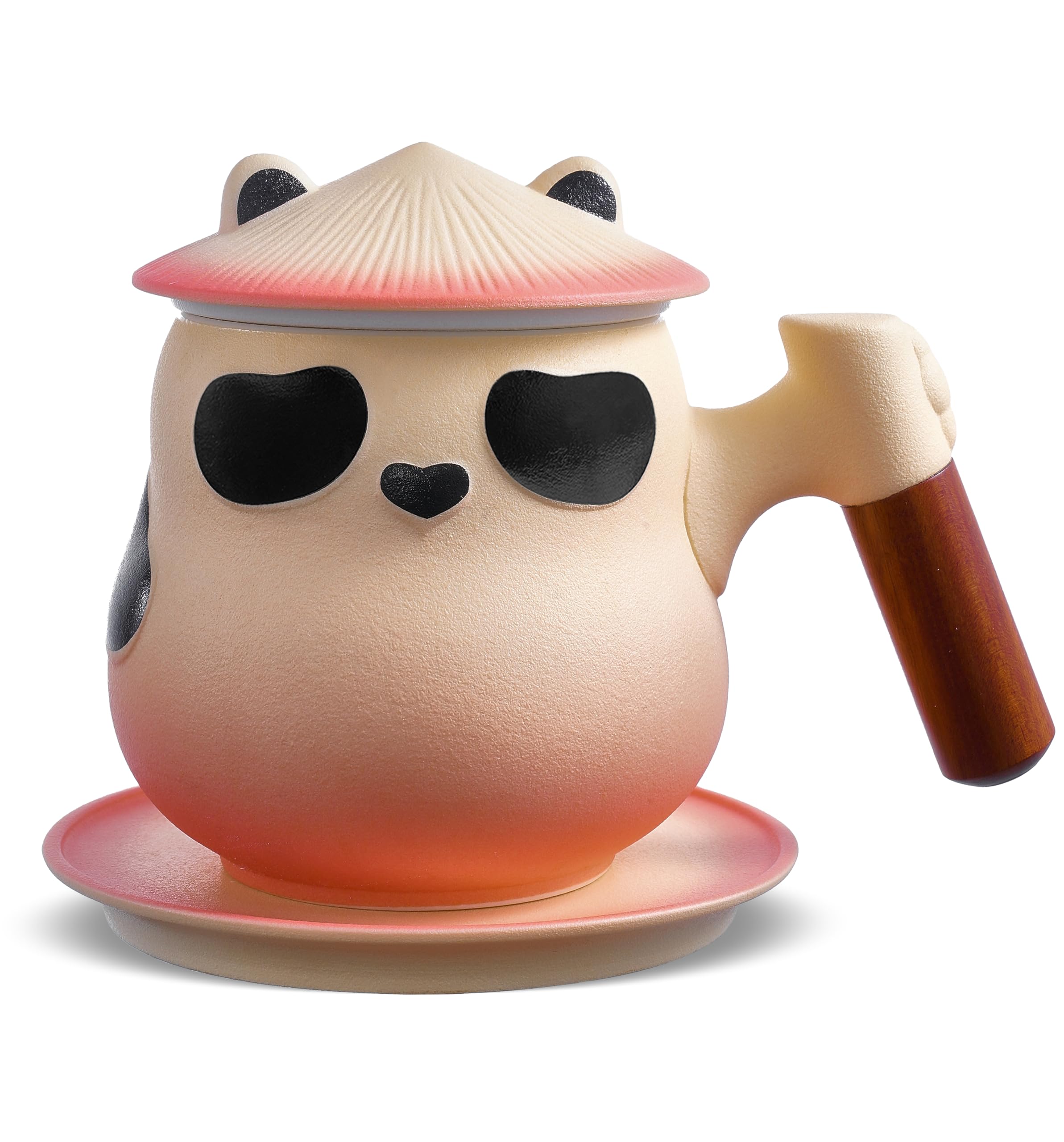 ZENS Panda Tea Mug with Infuser and Lid shows panda-ear lid and ergonomic wood handle for easy sipping.