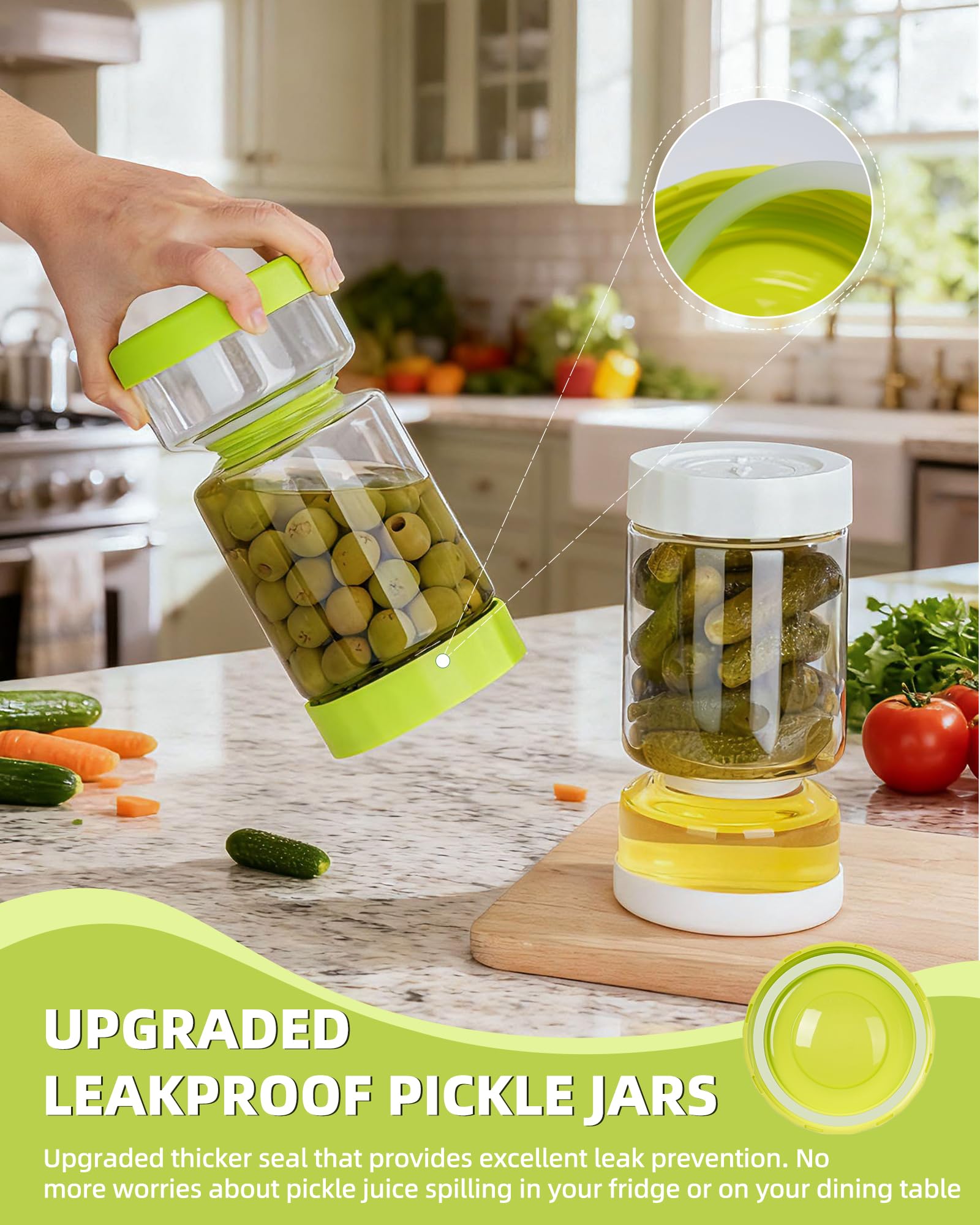 ZENS Pickle Jar with Strainer Flip demonstrates the juice separator for quick drainage.