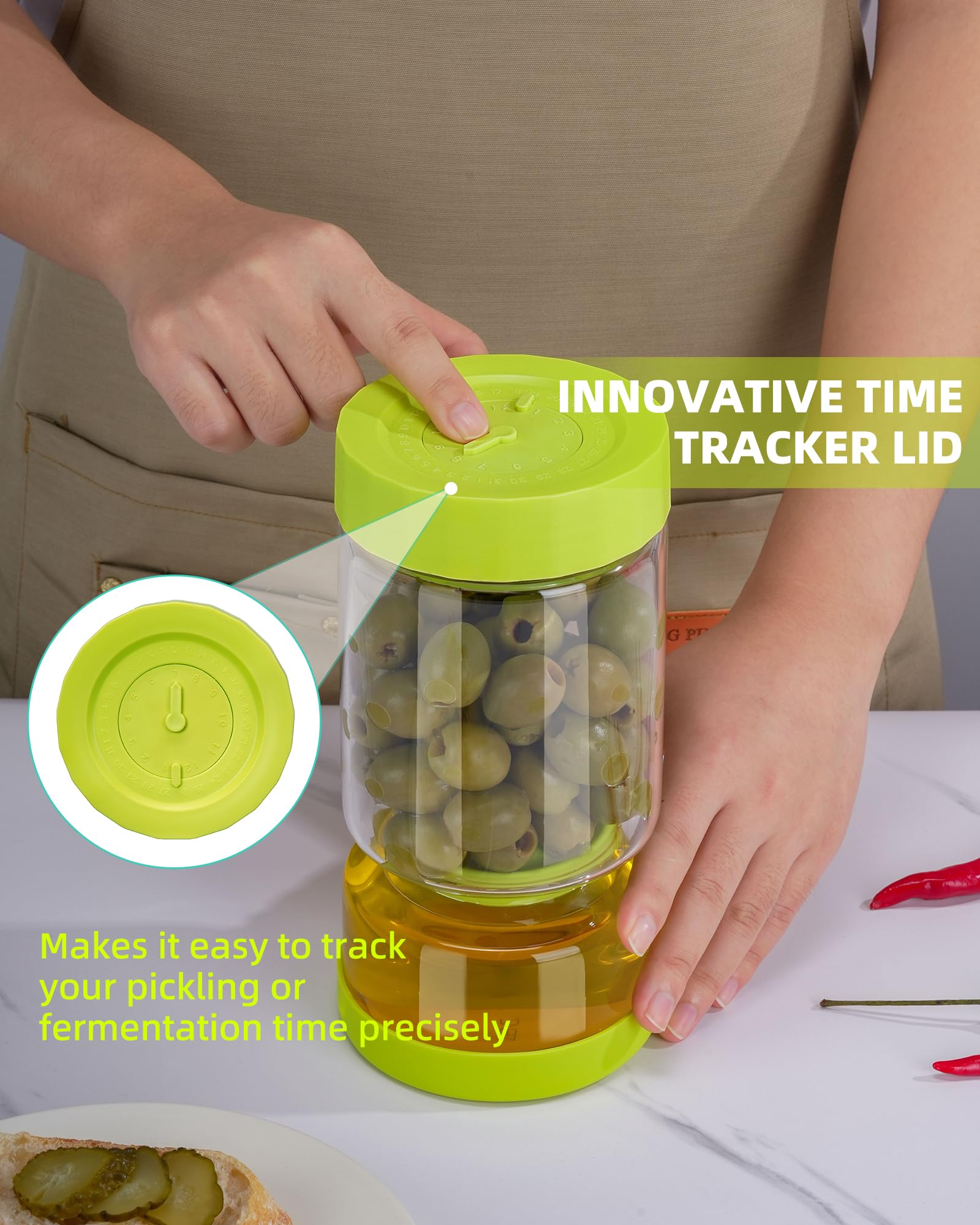 ZENS Pickle Jar with Strainer Flip shows the time-tracker lid for organized storage.