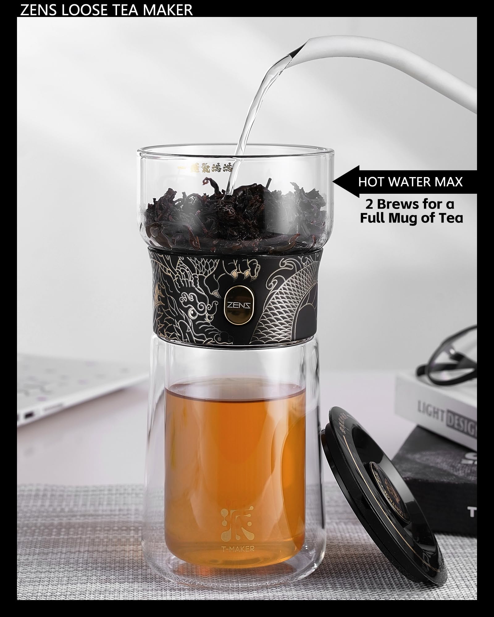 ZENS Teapot in use pouring smooth tea into a mug