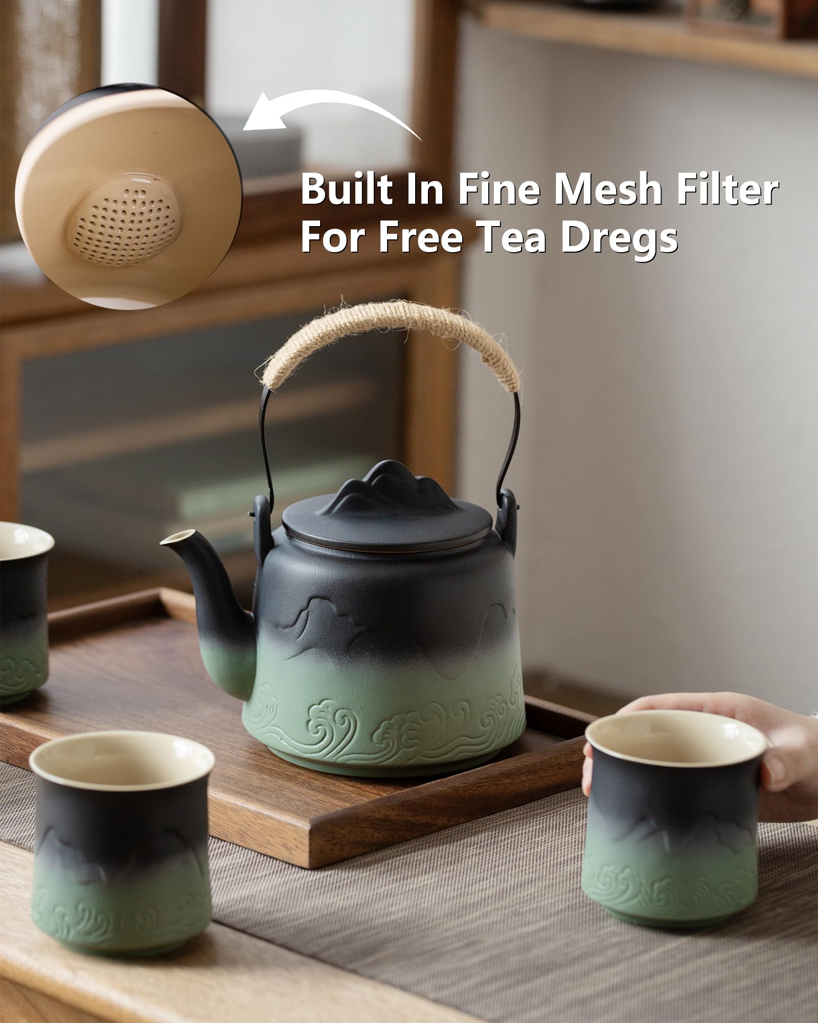 ZENS Vintage teapot with hemp rope handle adds rustic charm.