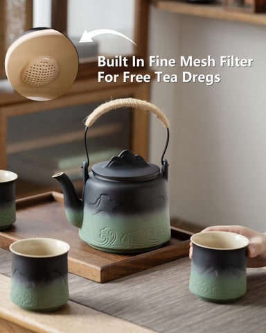 ZENS Vintage teapot with hemp rope handle adds rustic charm.