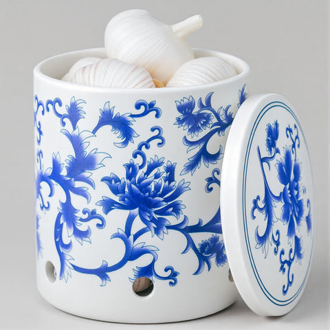 ZENWUKONG blue and white floral garlic keeper on counter, preserving freshness.