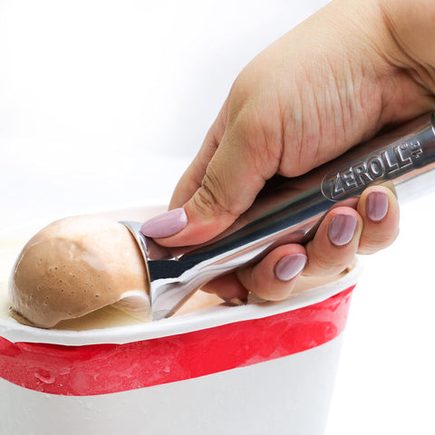Zeroll liquid-filled handle detail showing heat transfer for easy scooping