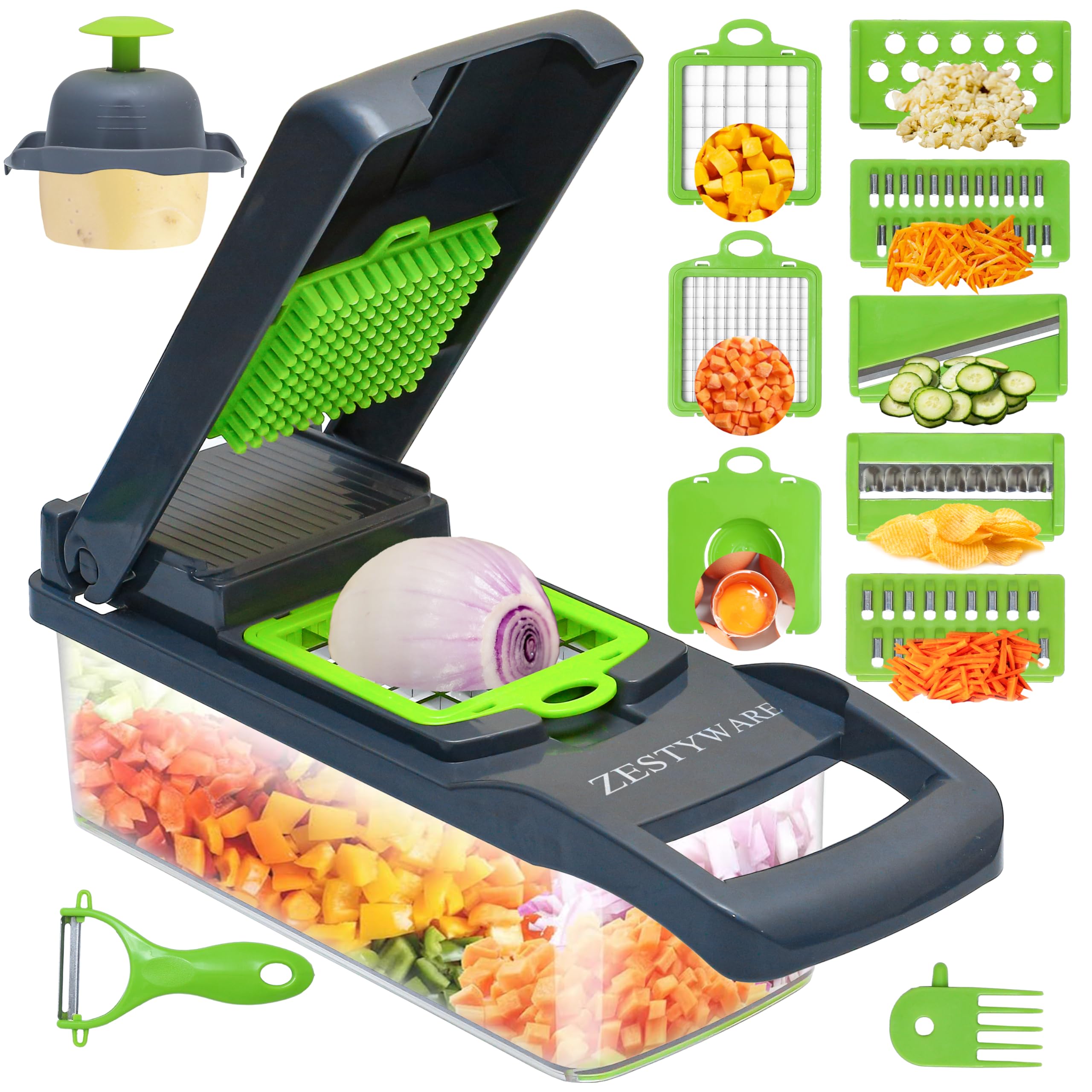 ZESTYWARE vegetable chopper assembly demonstrates effortless multi-blade prep for quick meals.