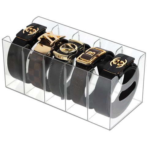 ZEXALOR acrylic belt organizer with 5 compartments keeps closet belts neatly visible.