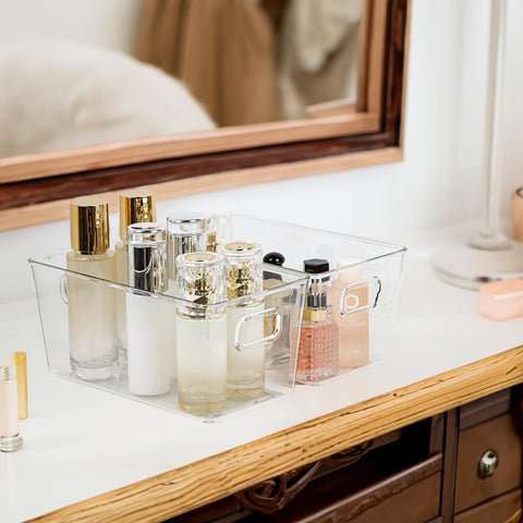 ZEXALOR compact bin 9.4-inch helps tidy shelf organization.