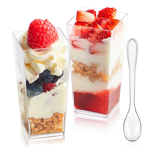 Zezzxu 50-pack mini dessert cups with spoons for easy, elegant party servings.