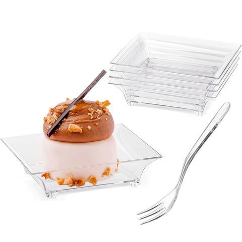 Zezzxu mini clear square dessert plate for bite-size treats at parties.