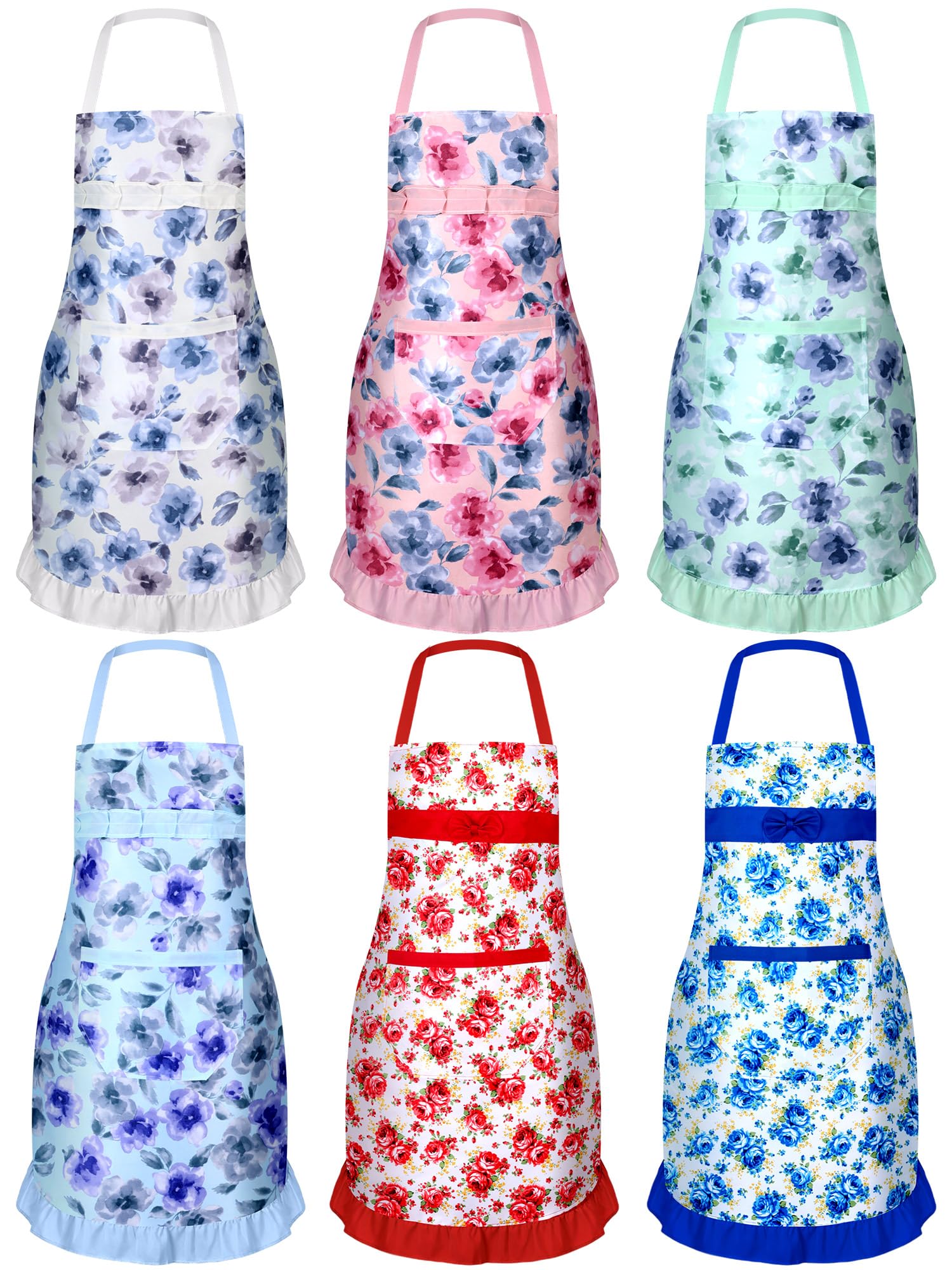 Zhanmai 6-pack floral apron front view with pockets for easy tool access.