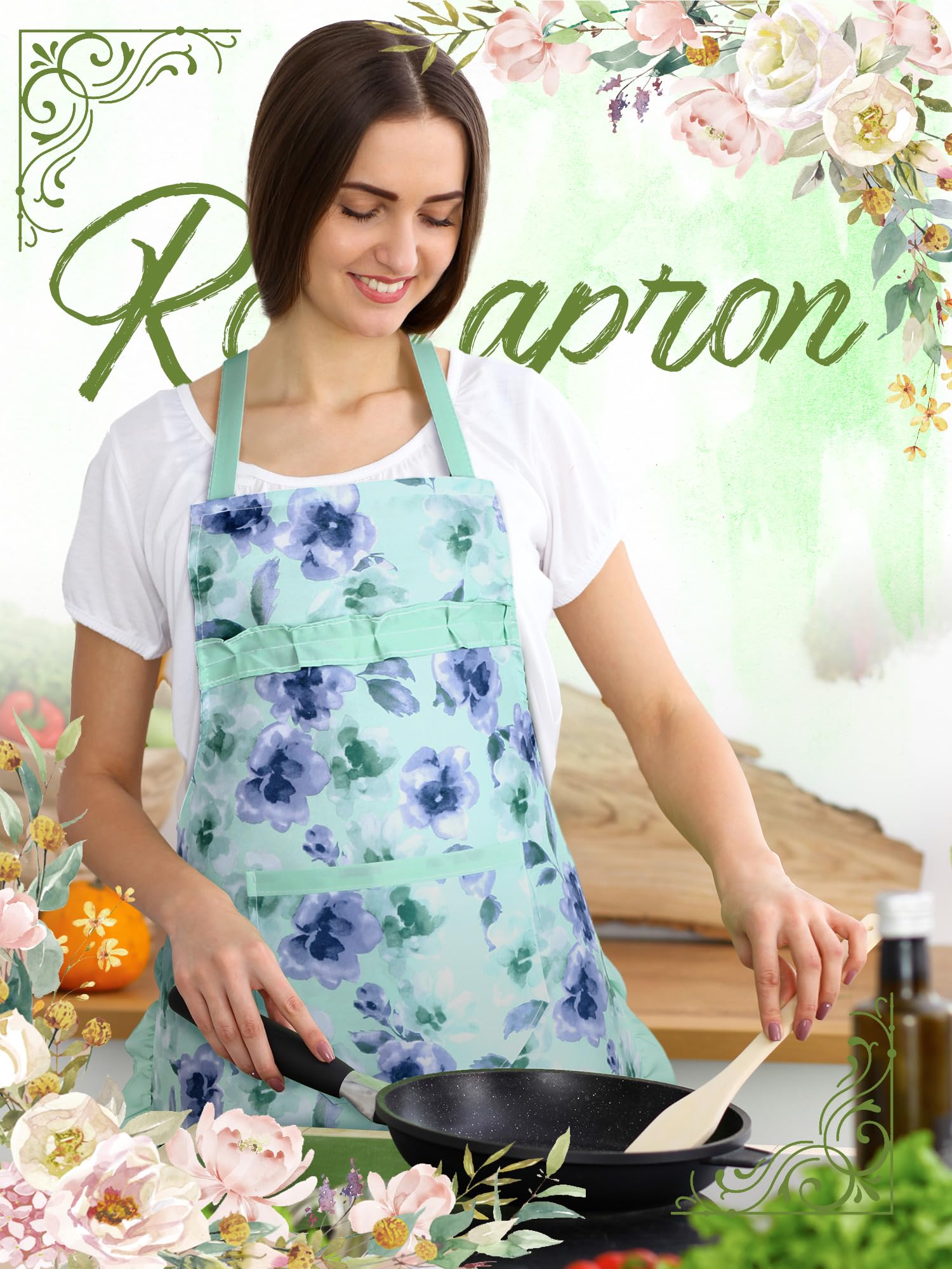 Zhanmai floral apron set showing pockets for utensils and phone during cooking.
