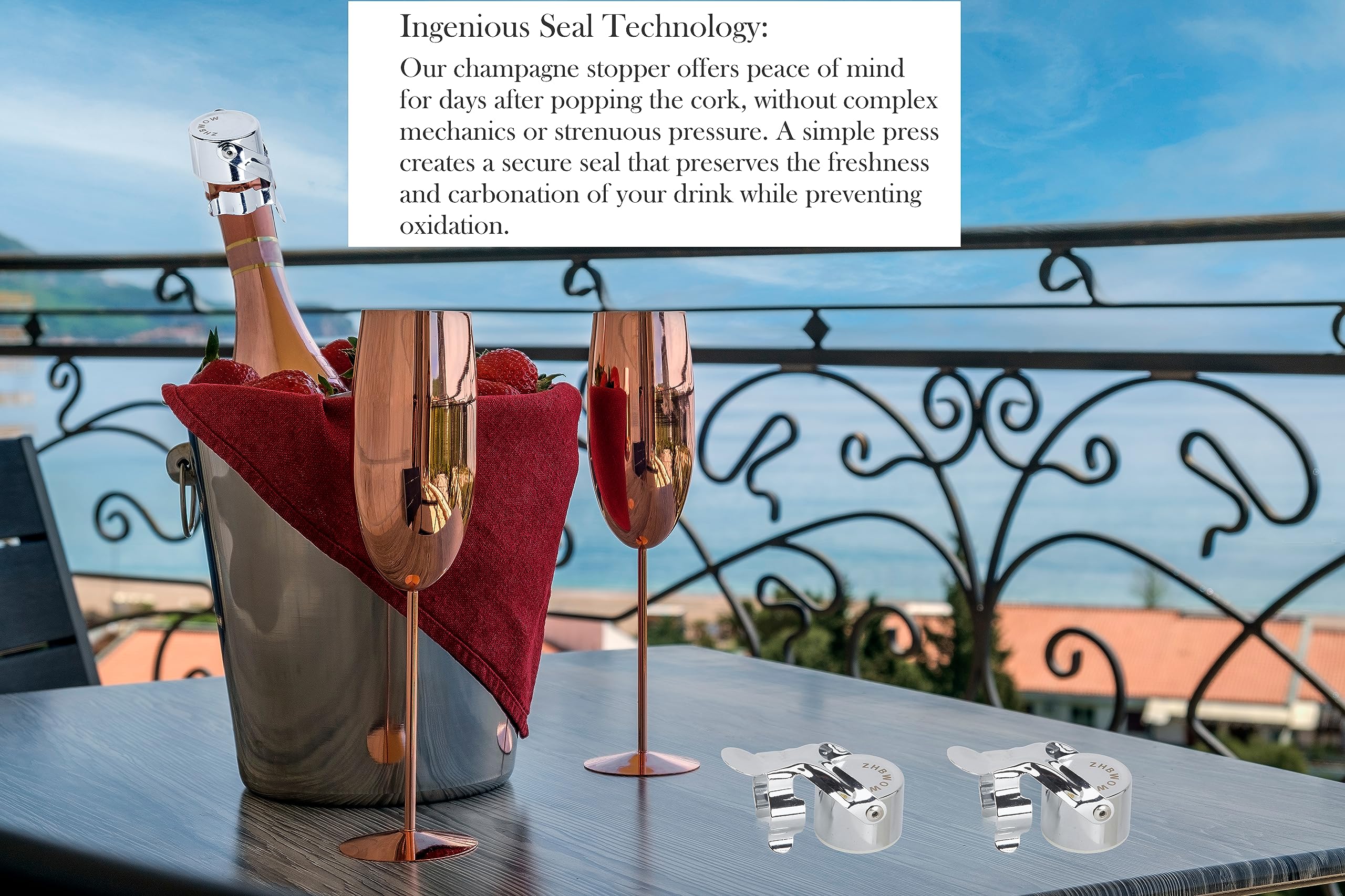 ZHBWOW champagne stopper close-up highlighting premium stainless steel build.