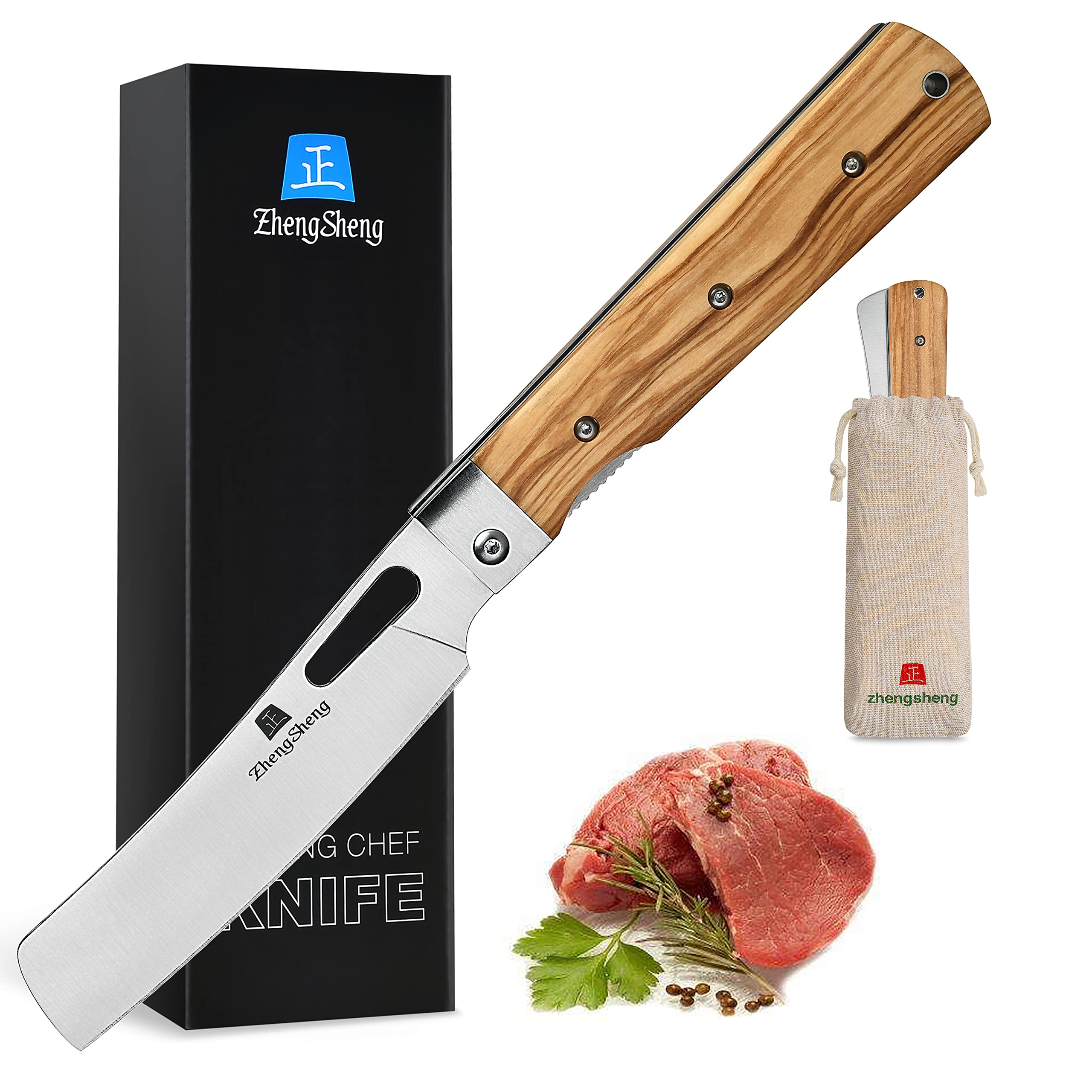 ZhengSheng folding chef knife with a 4.8-inch blade for outdoor cooking.