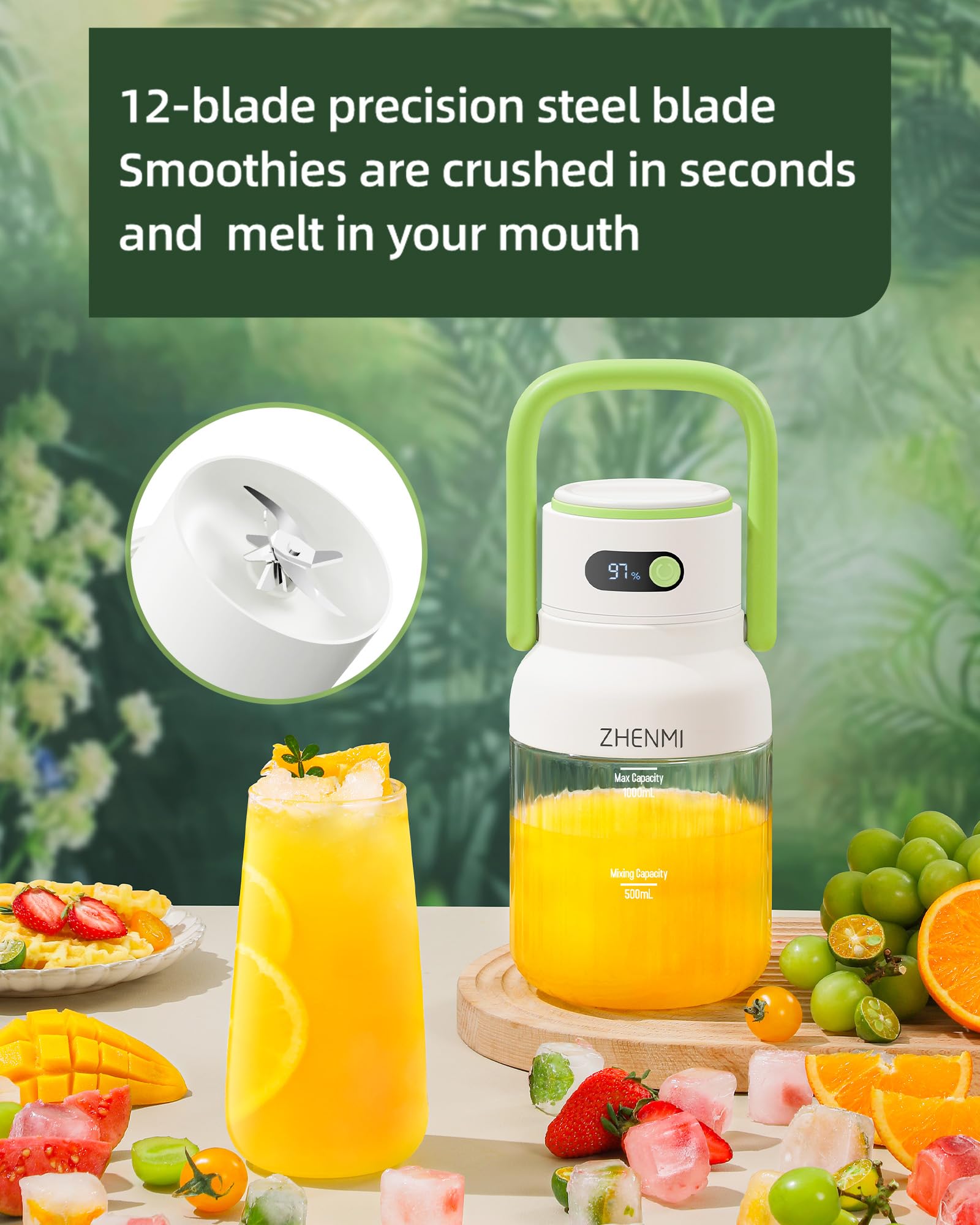 ZHENMI portable blender leakproof lid with sip spout for spill-free travel