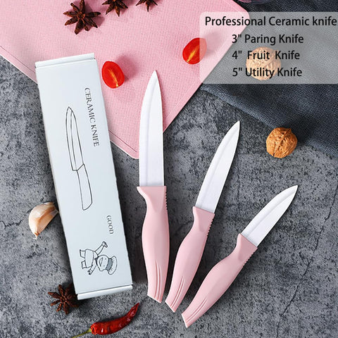 Zhiyun pink ceramic knife set displayed on kitchen counter for stylish prep