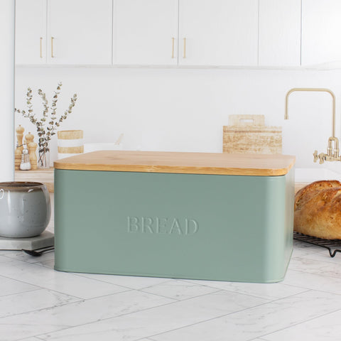 ZICOTO bread box with wooden lid on countertop preserves freshness and adds warm style.