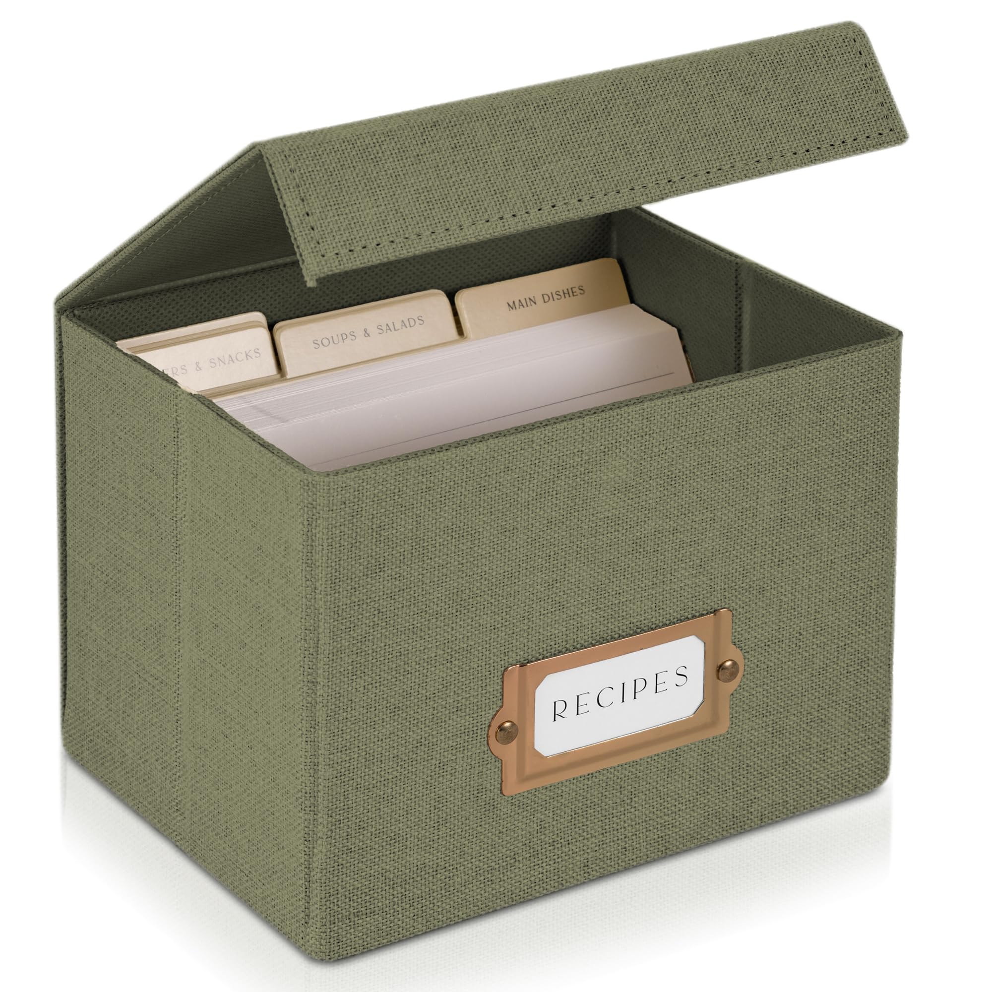 ZICOTO Beautiful Linen Recipe Box, closed, protects recipes in sage fabric.