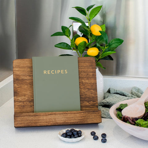 ZICOTO cookbook stand with walnut finish adds warm, rustic style to kitchen counters.