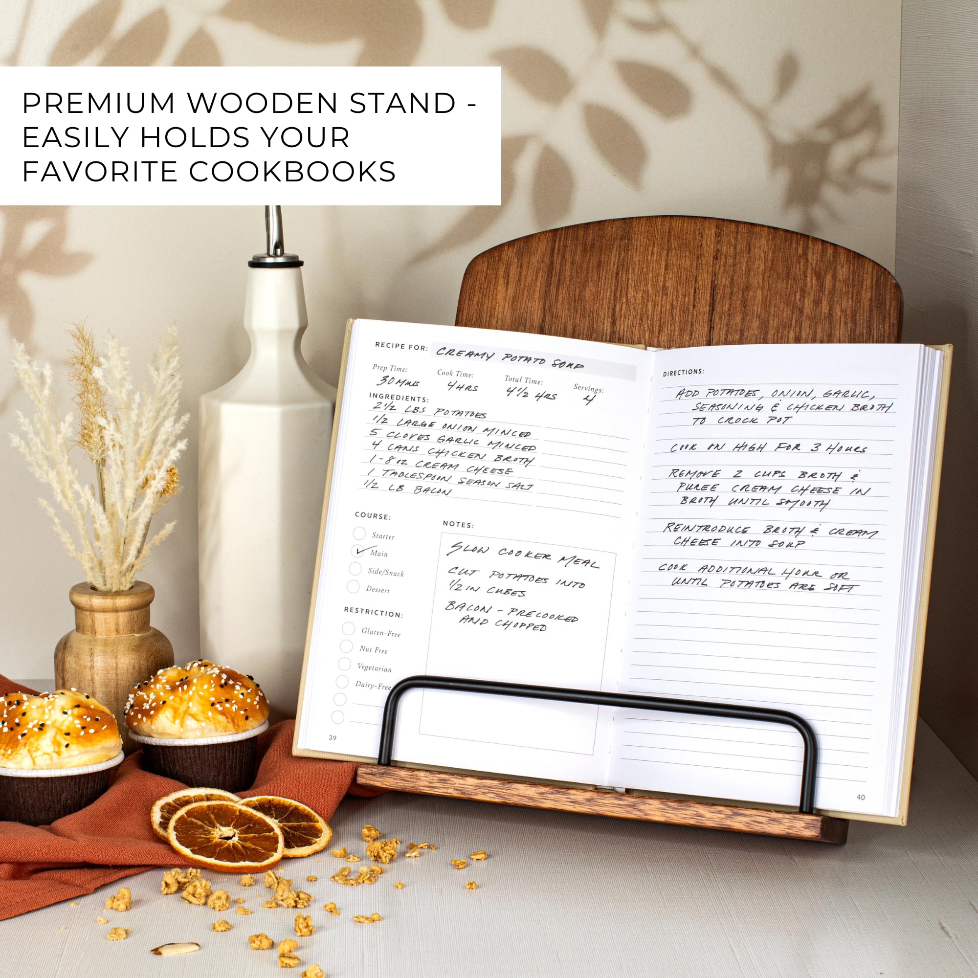 ZICOTO durable pinewood cookbook holder for long-lasting use with rustic walnut finish.