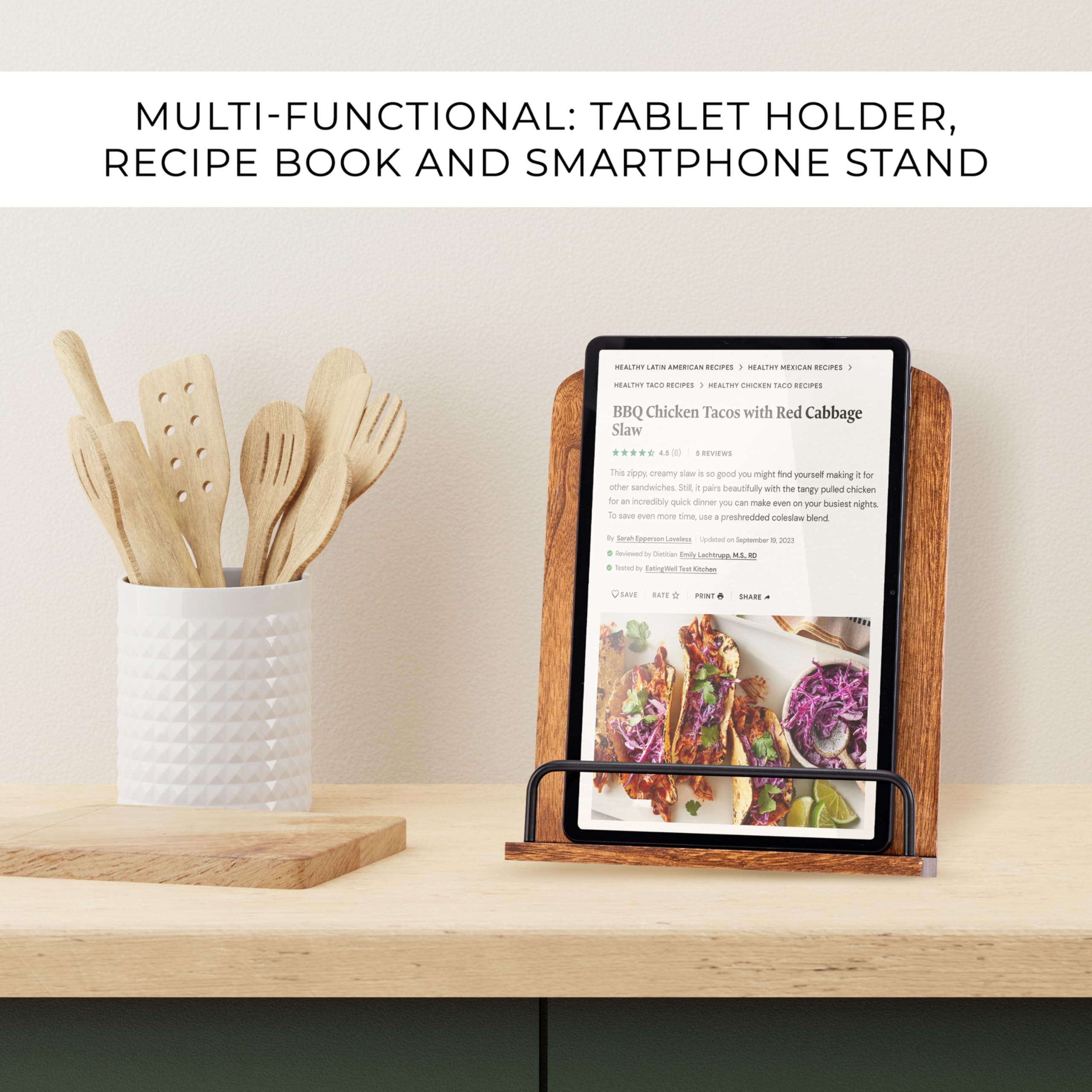 ZICOTO multi-use stand holds cookbook, tablet, and smartphone.
