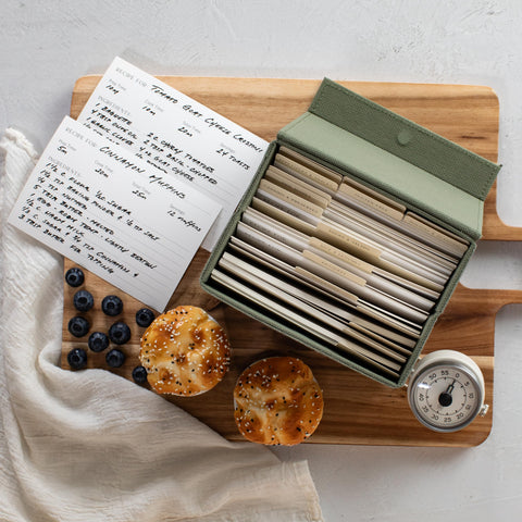 ZICOTO label holder on sage linen box helps quick recipe indexing.
