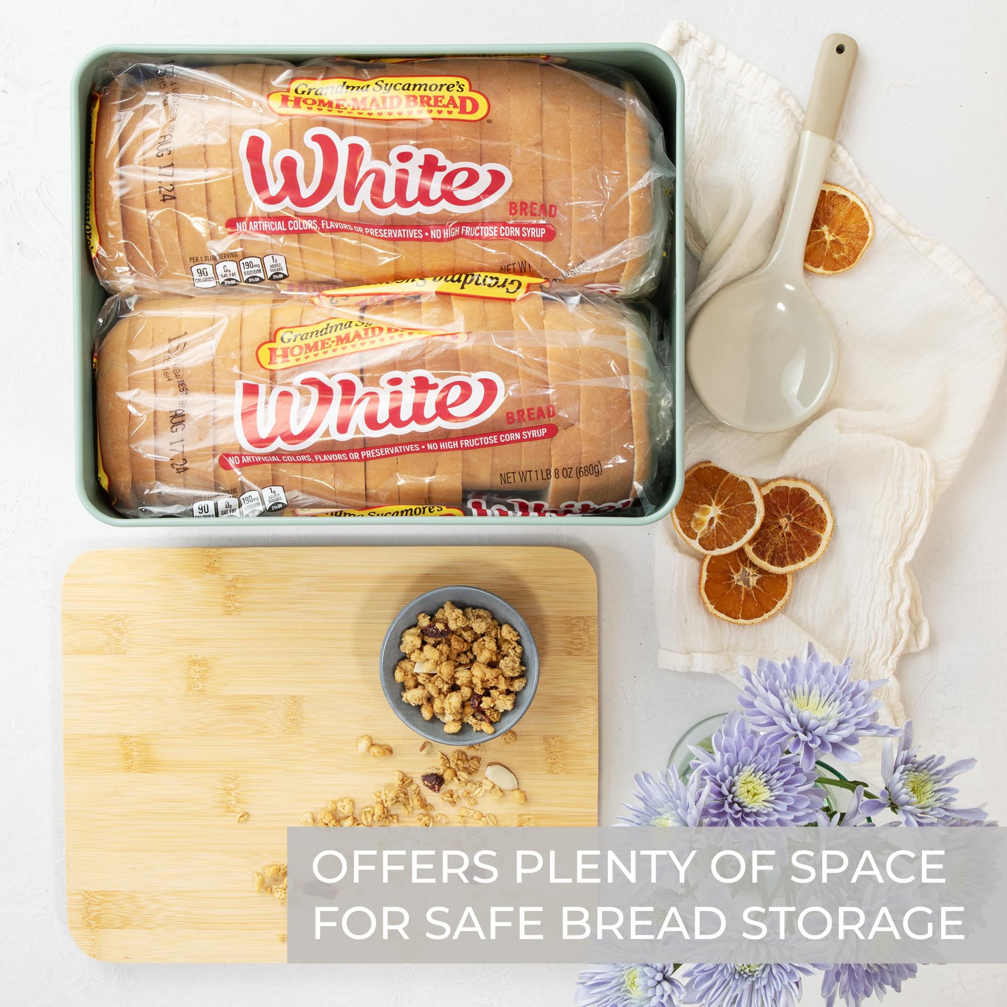 ZICOTO bread box in sage finish complements modern kitchens while preserving freshness.