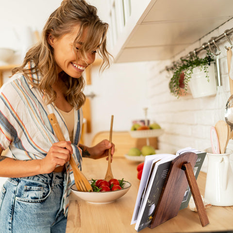 ZICOTO tablet and book holder keeps recipes visible while you cook.