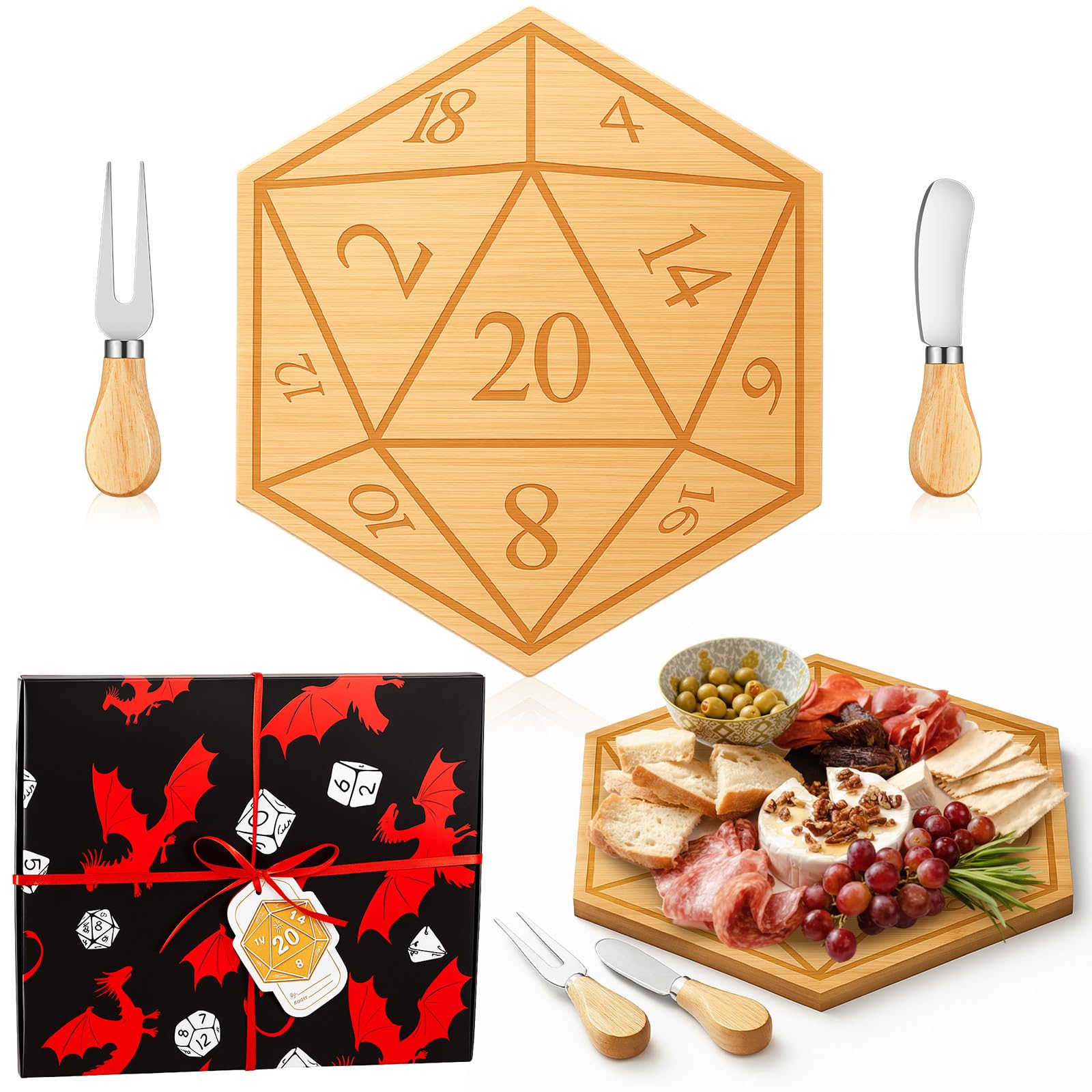 Ziliny D20 charcuterie board in bamboo for gaming nights and stylish serving.