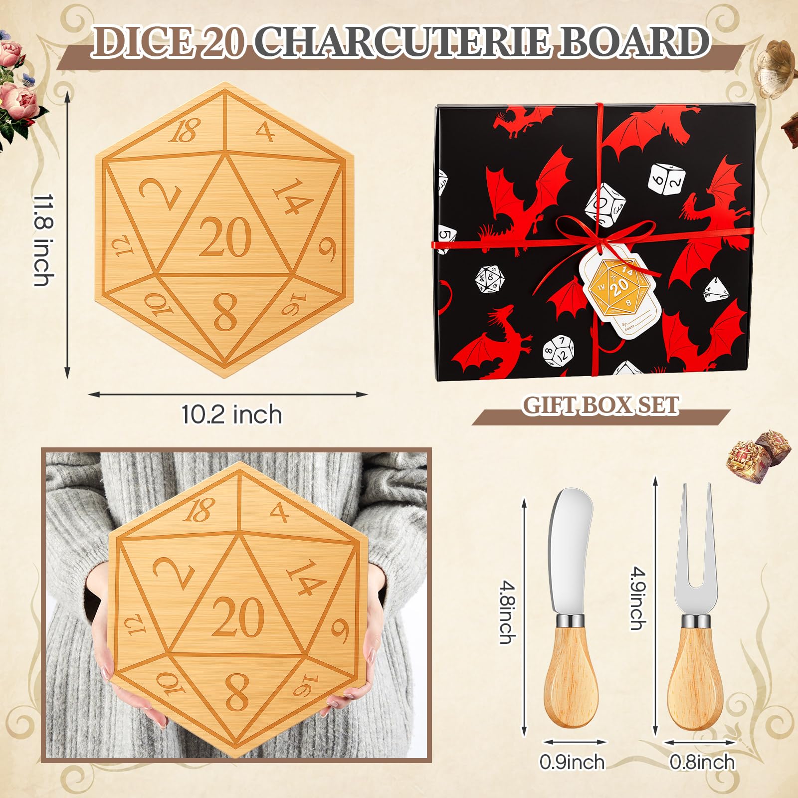 Ziliny D20 pattern laser-engraved board adds playful flair to any party.