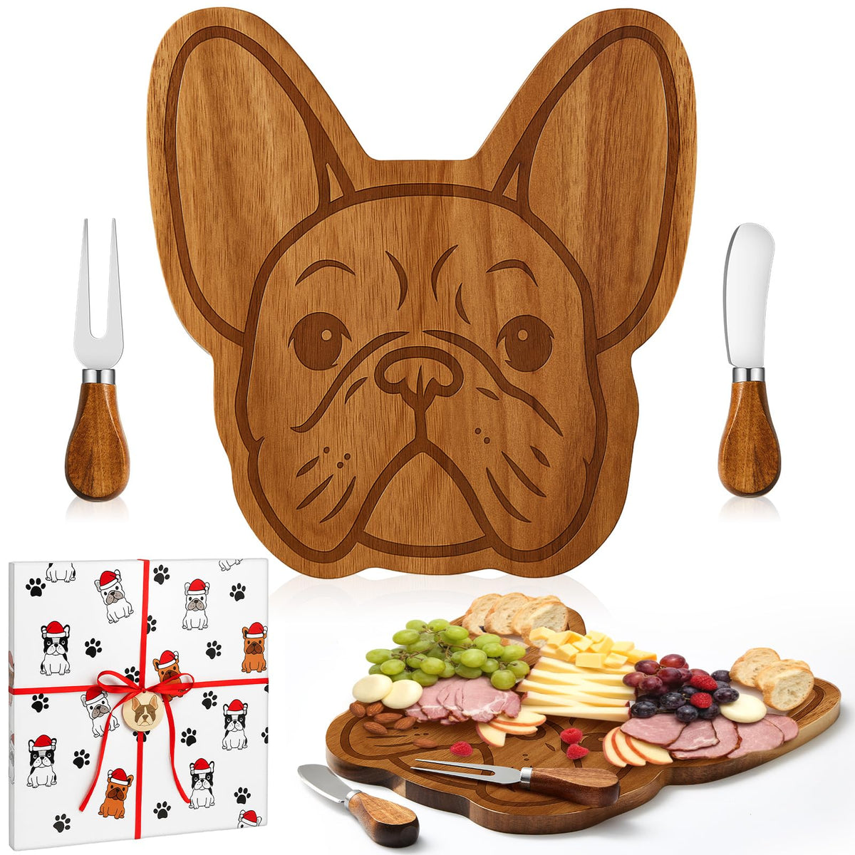 Ziliny French Bulldog charcuterie board made of durable acacia wood for stylish entertaining.