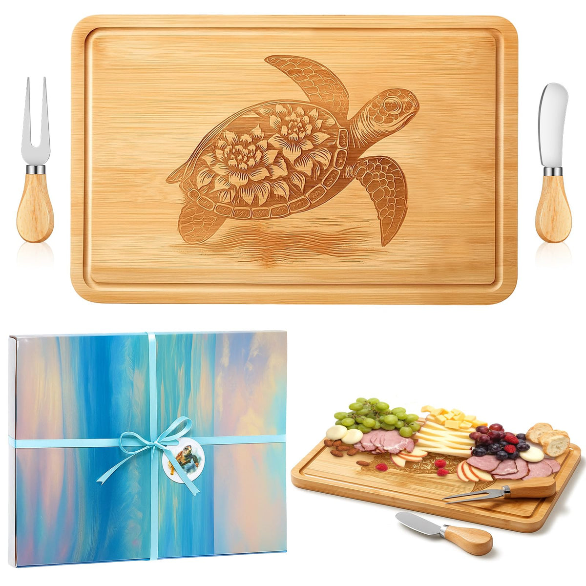 Ziliny sea turtle charcuterie board with bamboo surface and laser engraving for stylish entertaining
