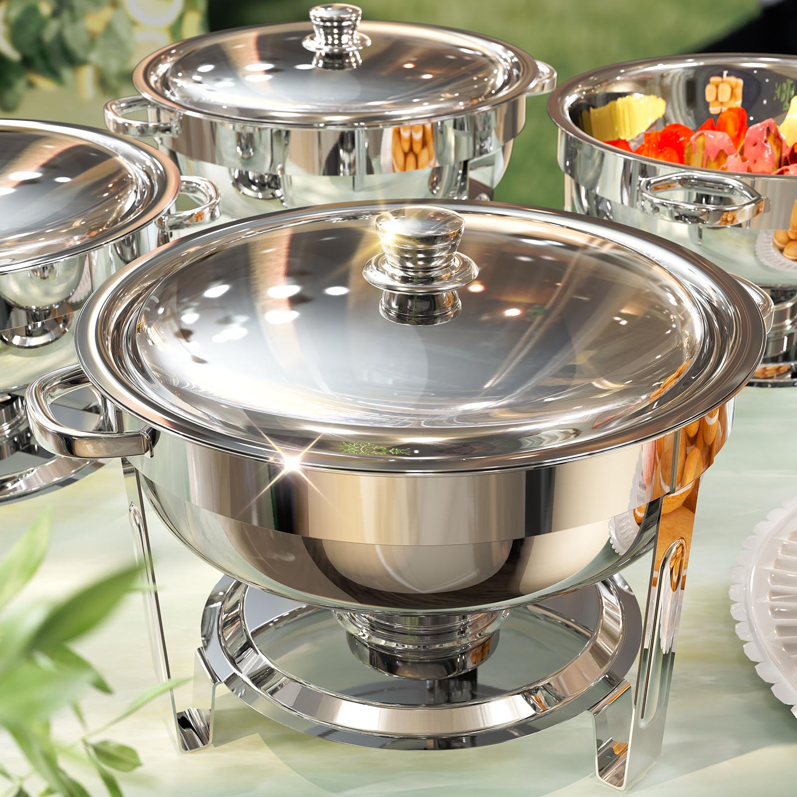 ZILODE chafing dishes top view; four-pack setup ideal for event buffets.