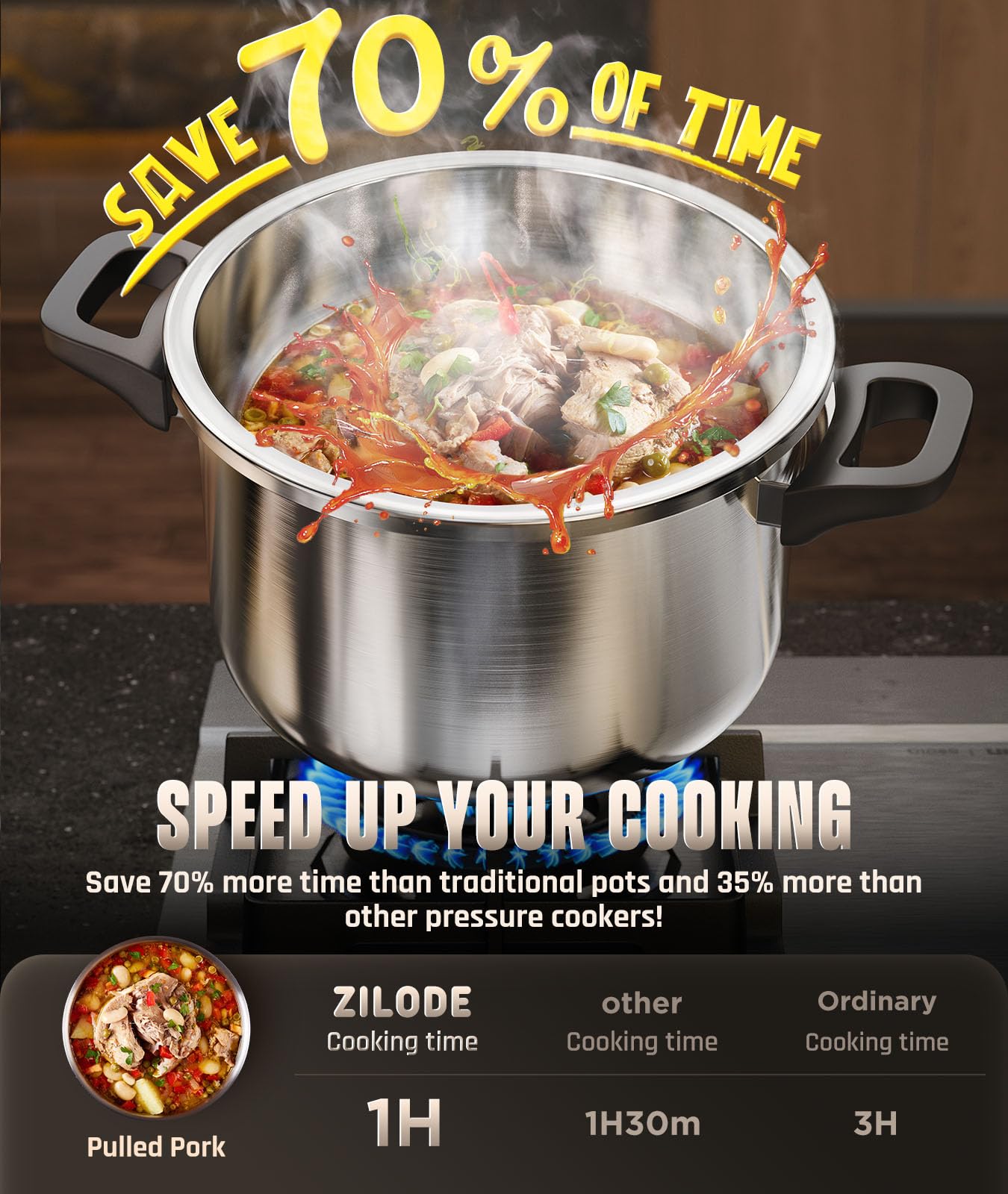 ZILODE 13qt pressure cooker tri‑arm stability design reinforces sealing.