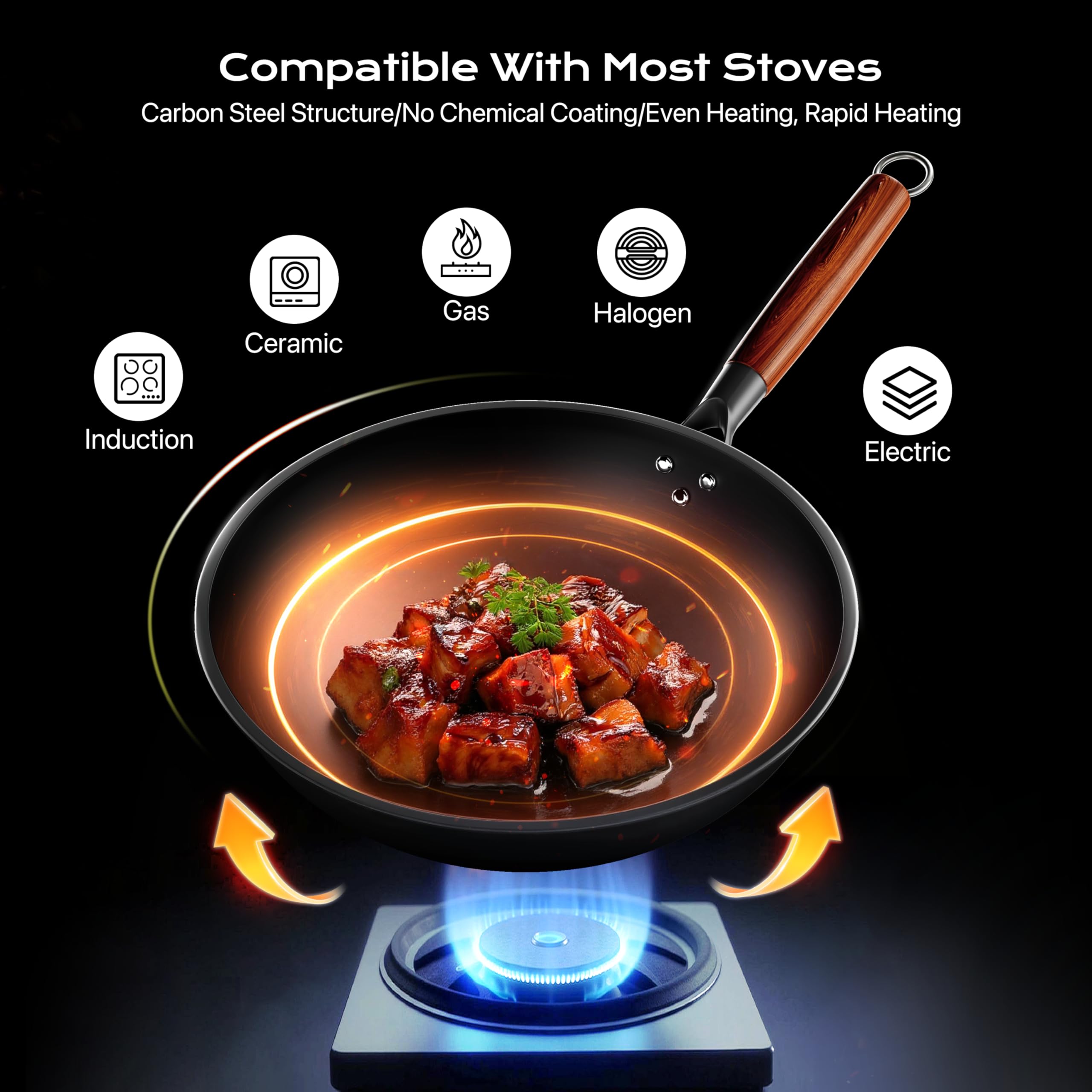 Ziluetar wok in use with silicone spatula for even heating and tossing.