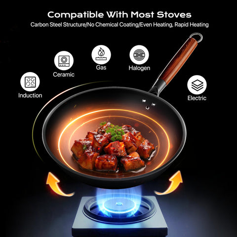 Ziluetar wok in use with silicone spatula for even heating and tossing.