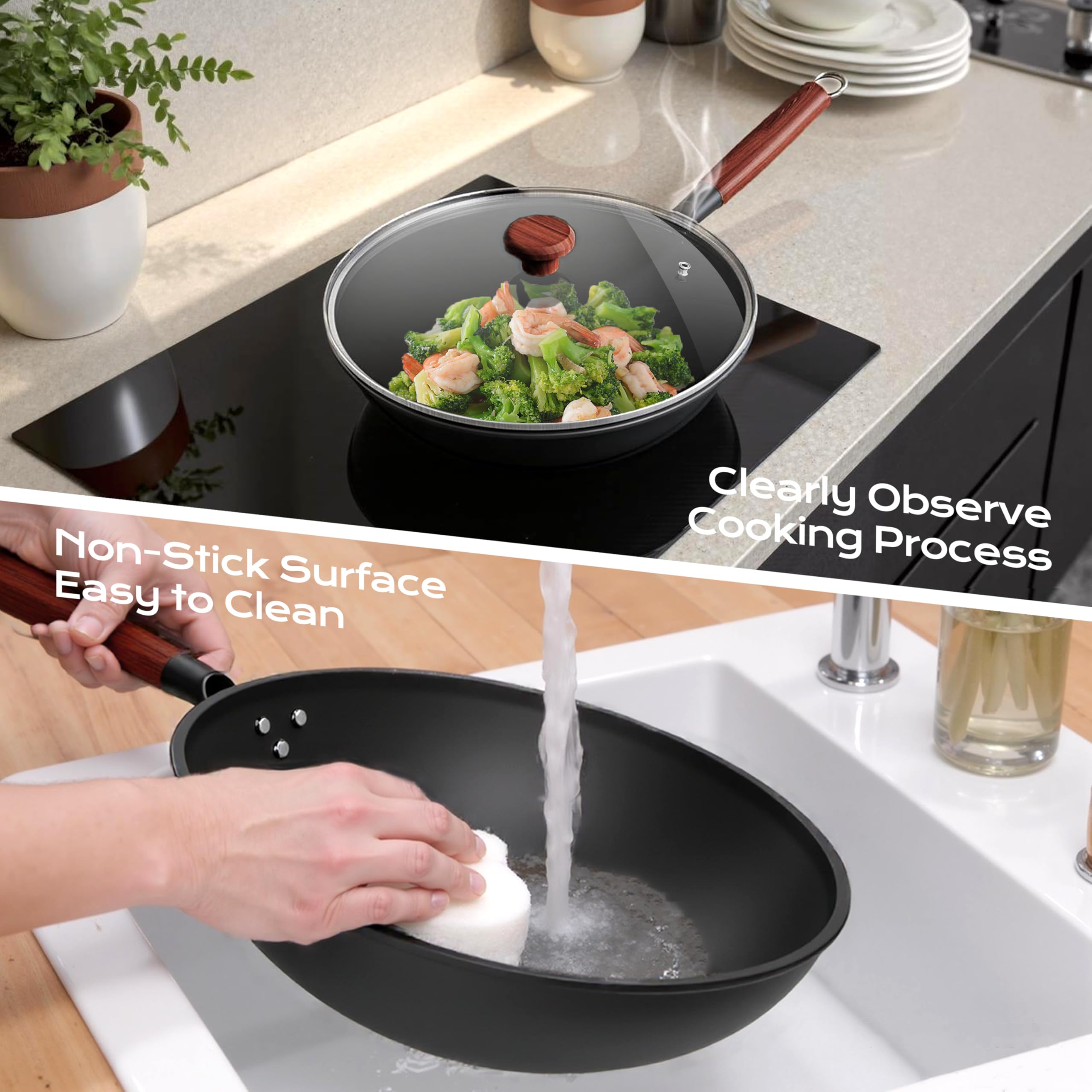 Ziluetar pre-seasoned non-stick surface enhances release during stir-fry.