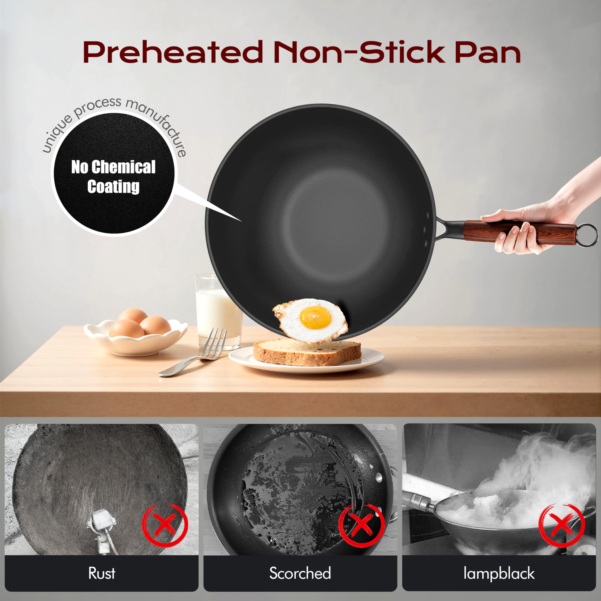 Ziluetar wok with removable wooden handle for comfortable grip and safety.
