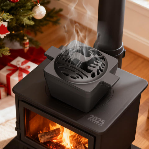 ZIMOMOTA moose-design wood stove steamer on stove adds rustic warmth.